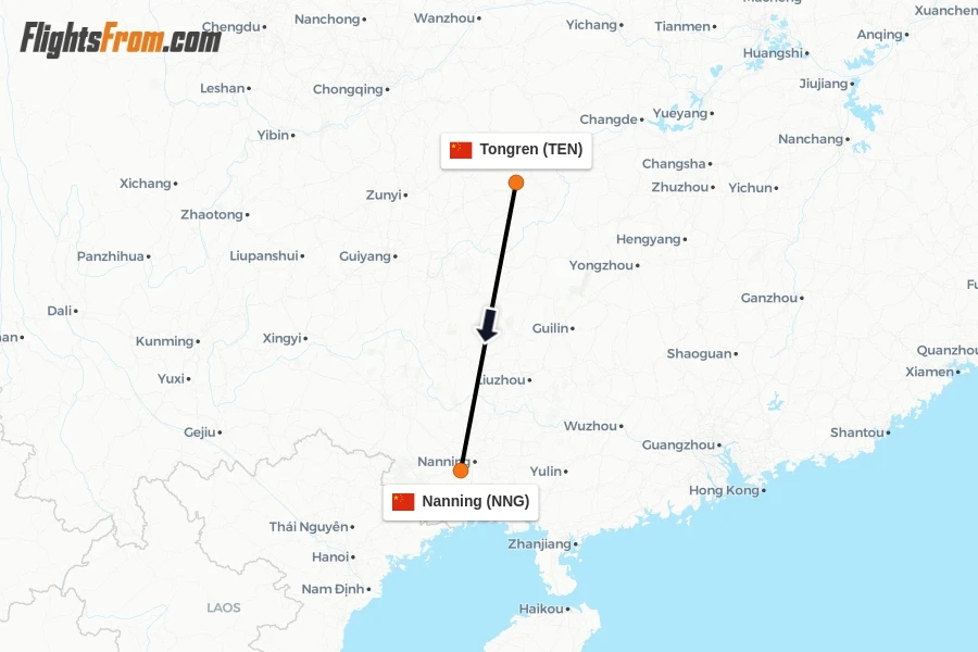 Flights from Tongren to Nanning route map