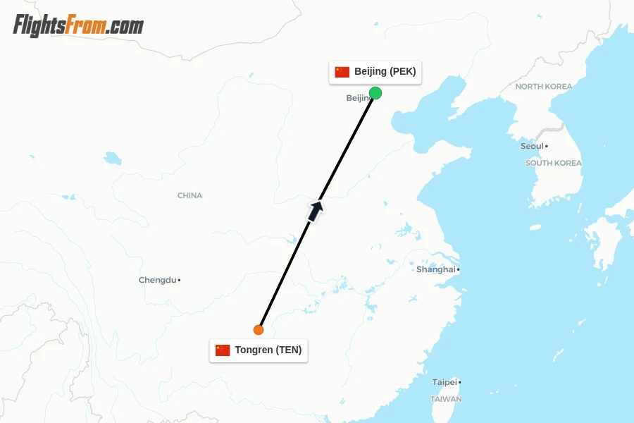 Flights from Tongren to Beijing route map