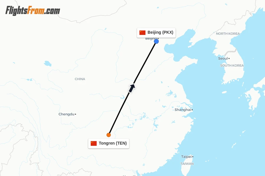 Flights from Tongren to Beijing route map