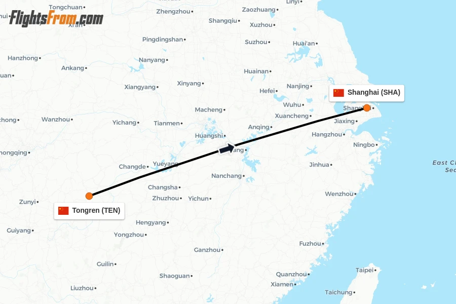 Flights from Tongren to Shanghai route map
