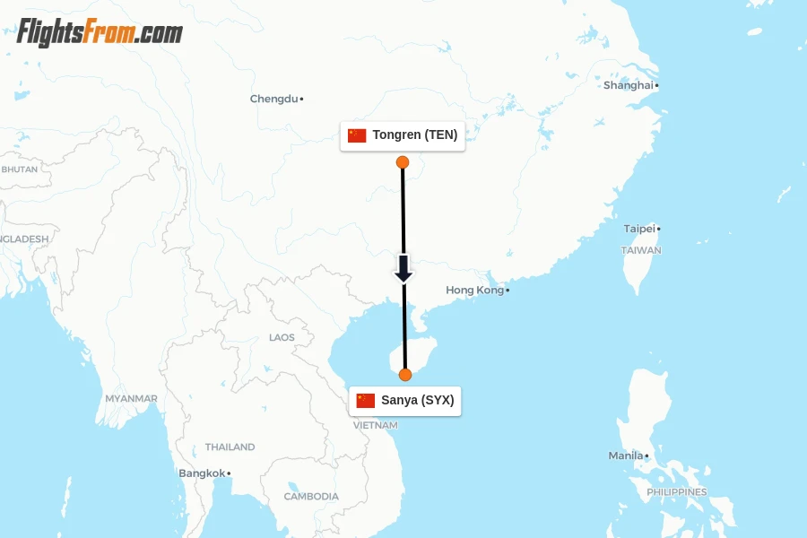 Flights from Tongren to Sanya route map