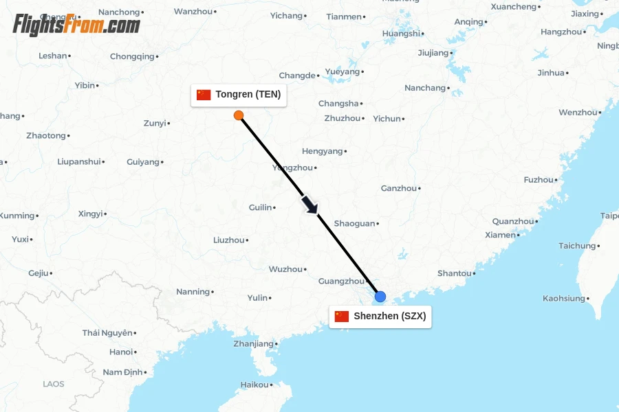 Flights from Tongren to Shenzhen route map