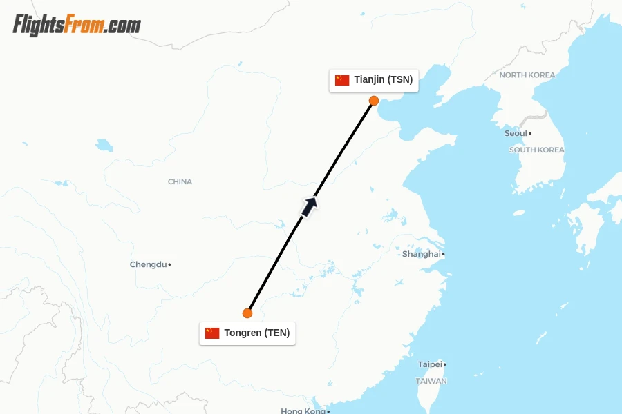 Flights from Tongren to Tianjin route map