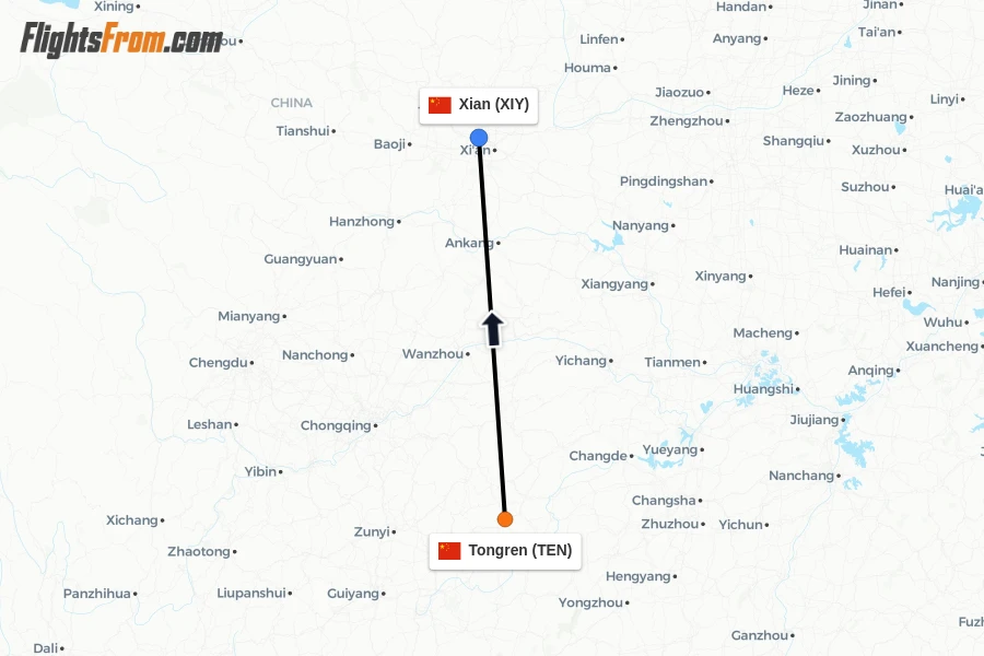 Flights from Tongren to Xian route map
