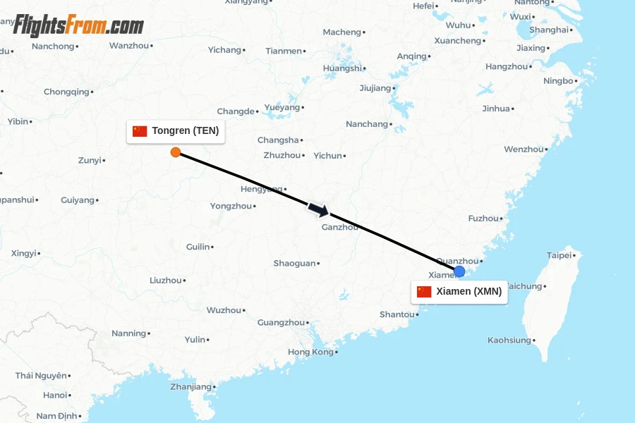 Flights from Tongren to Xiamen route map