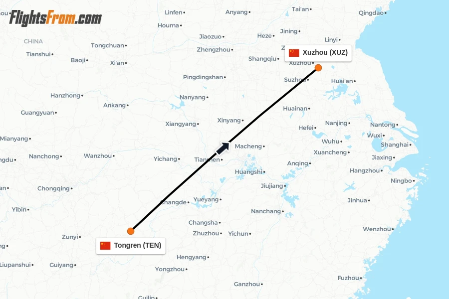 Flights from Tongren to Xuzhou route map