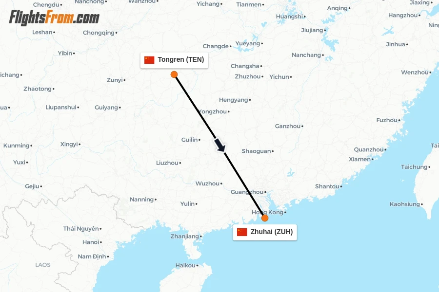 Flights from Tongren to Zhuhai route map