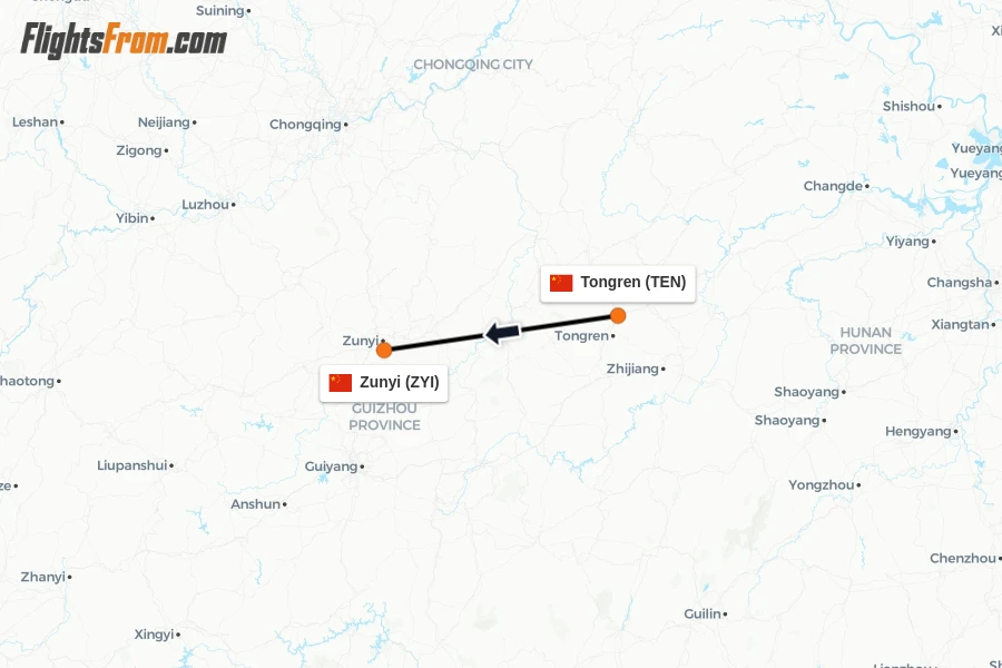 Flights from Tongren to Zunyi route map