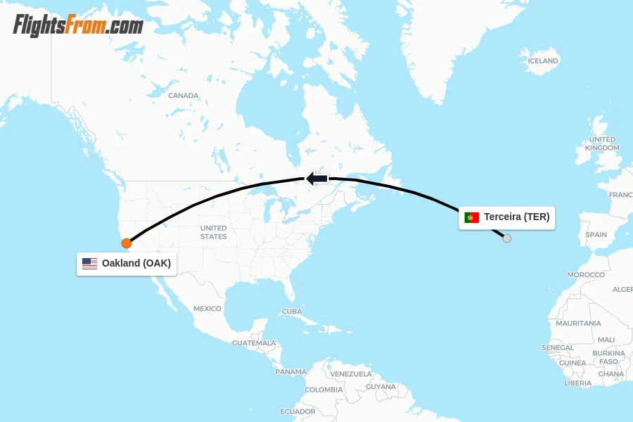 Flights from Terceira to Oakland route map
