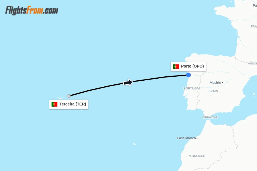 Flights from Terceira to Porto route map