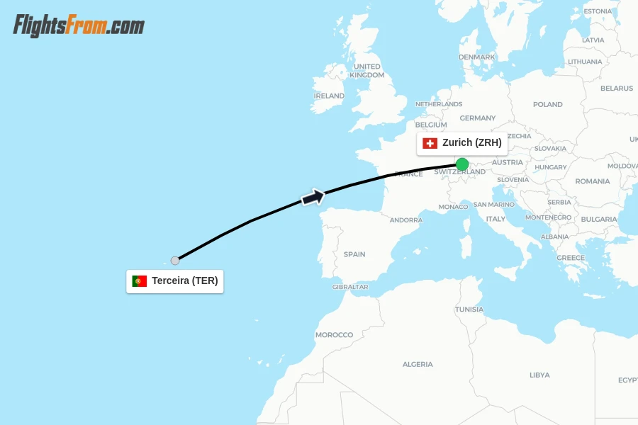 Flights from Terceira to Zurich route map
