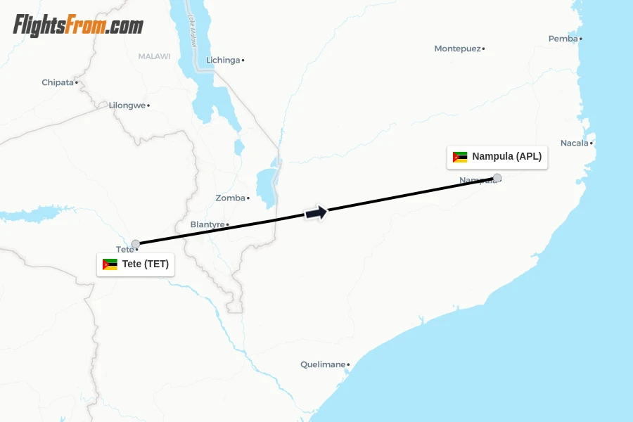 Flights from Tete to Nampula route map