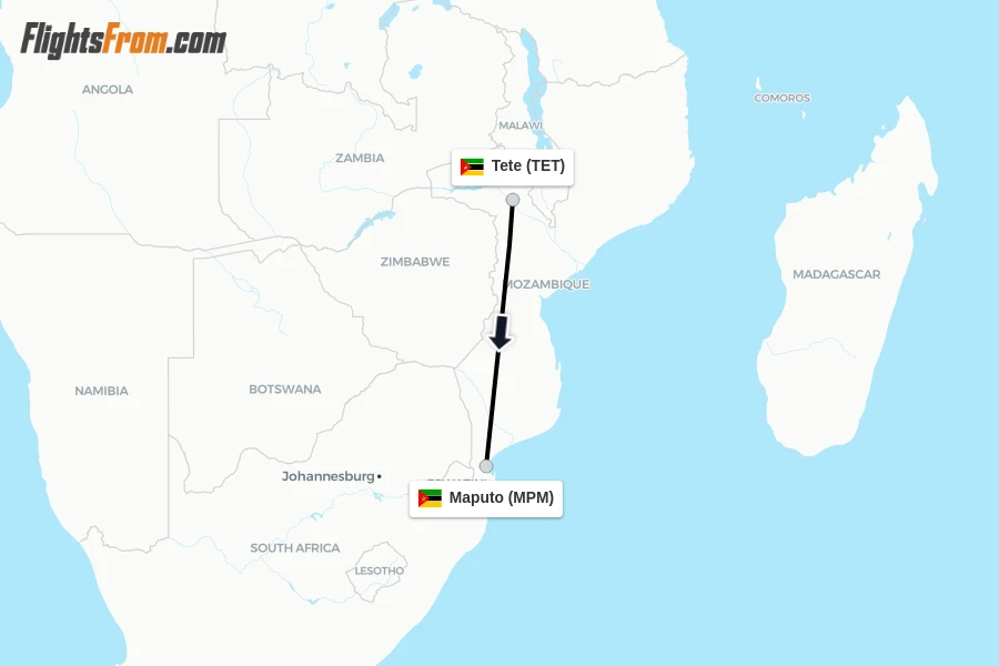 Flights from Tete to Maputo route map