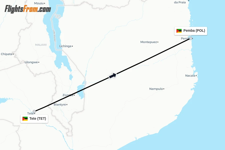 Flights from Tete to Pemba route map