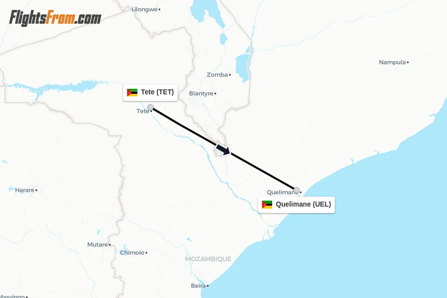 Flights from Tete to Quelimane route map