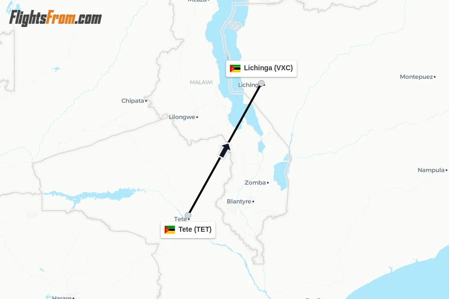 Flights from Tete to Lichinga route map