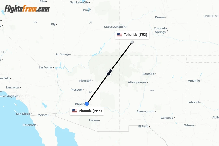 Flights from Telluride to Phoenix route map