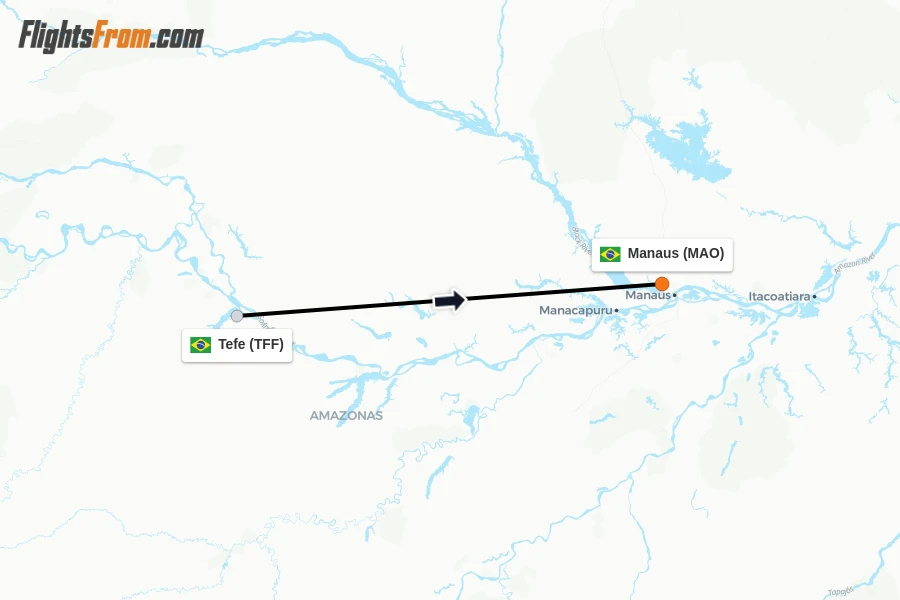 Flights from Tefe to Manaus route map