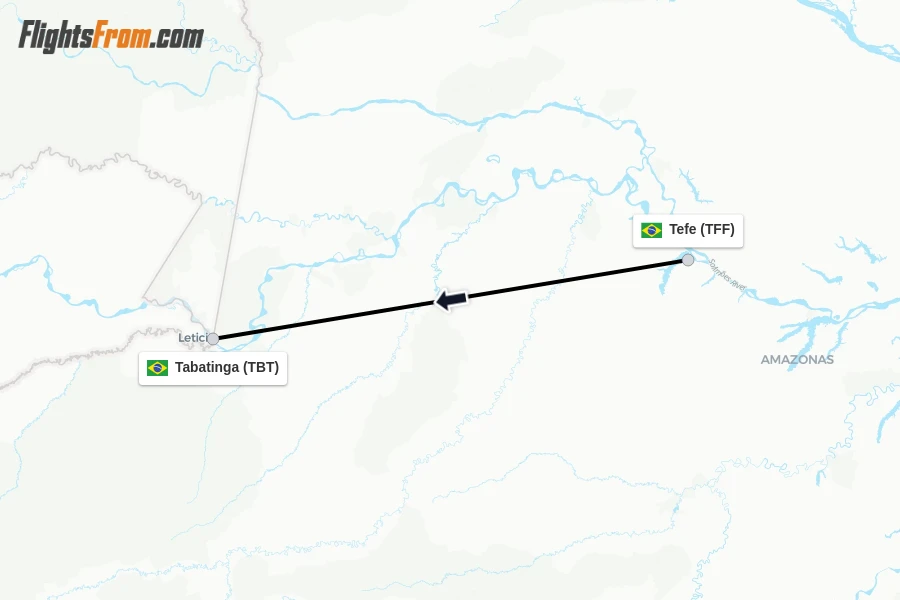 Flights from Tefe to Tabatinga route map