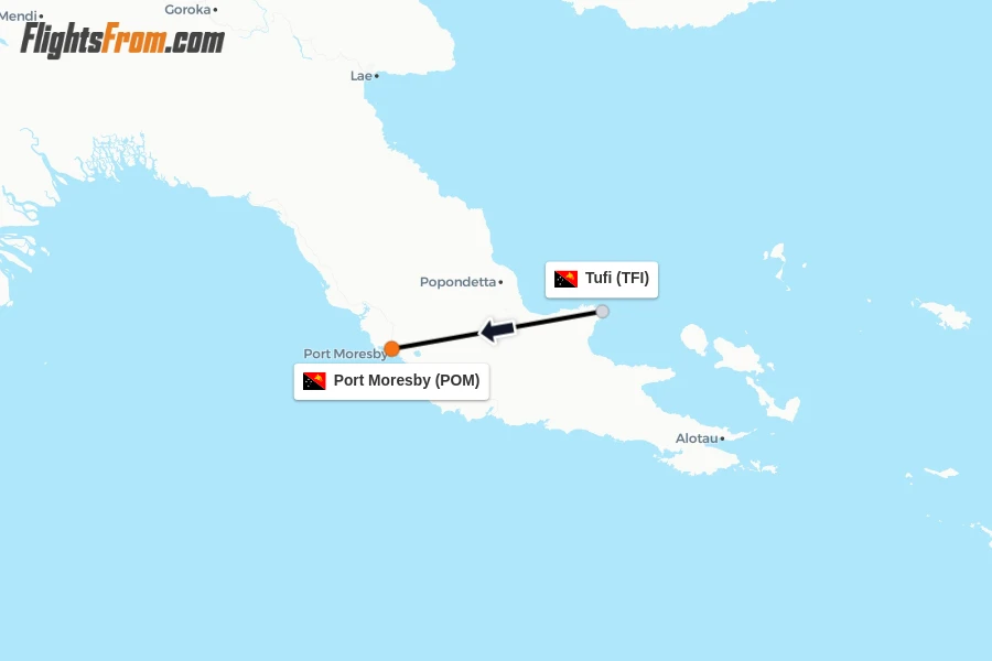 Flights from Tufi to Port Moresby route map