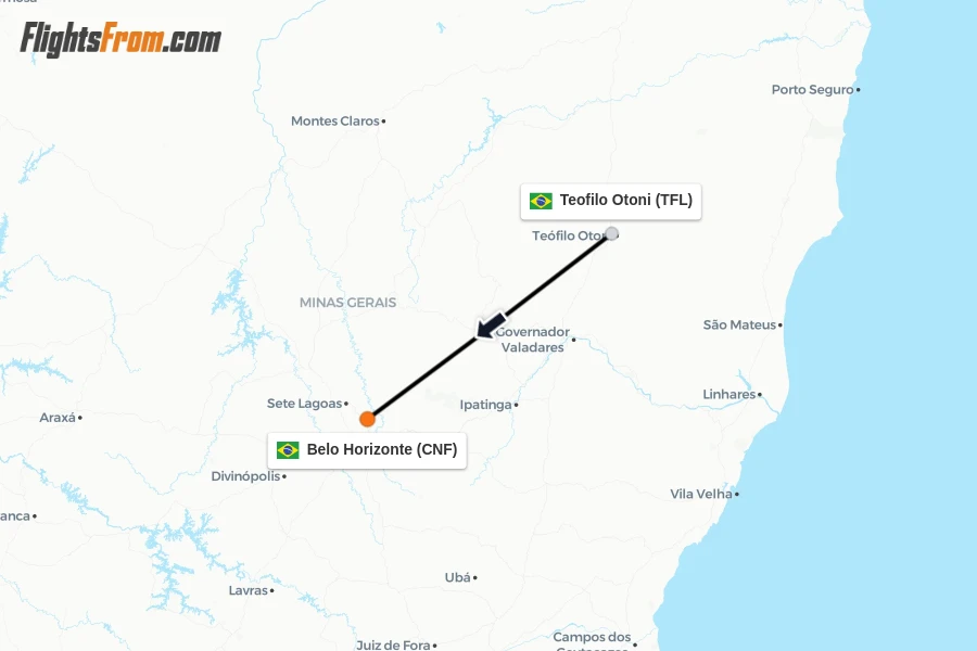 Flights from Teofilo Otoni to Belo Horizonte route map