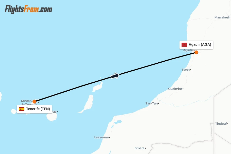 Flights from Tenerife to Agadir route map