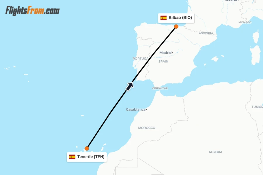 Flights from Tenerife to Bilbao route map