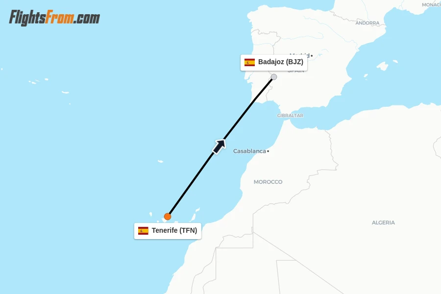 Flights from Tenerife to Badajoz route map