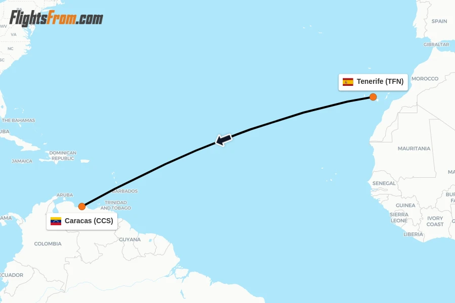 Flights from Tenerife to Caracas route map