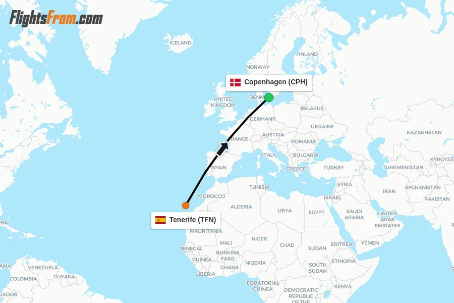 Flights from Tenerife to Copenhagen route map