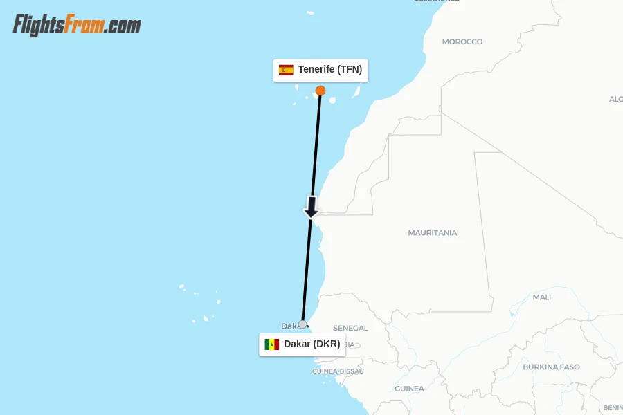 Flights from Tenerife to Dakar route map