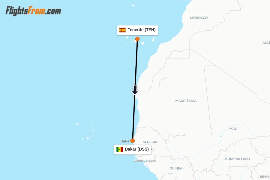 Flights from Tenerife to Dakar route map