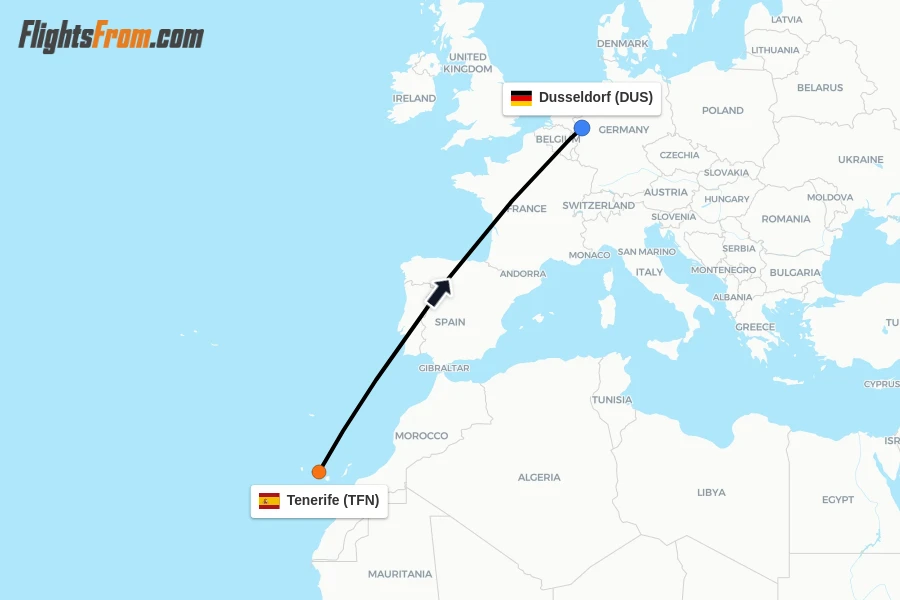 Flights from Tenerife to Dusseldorf route map