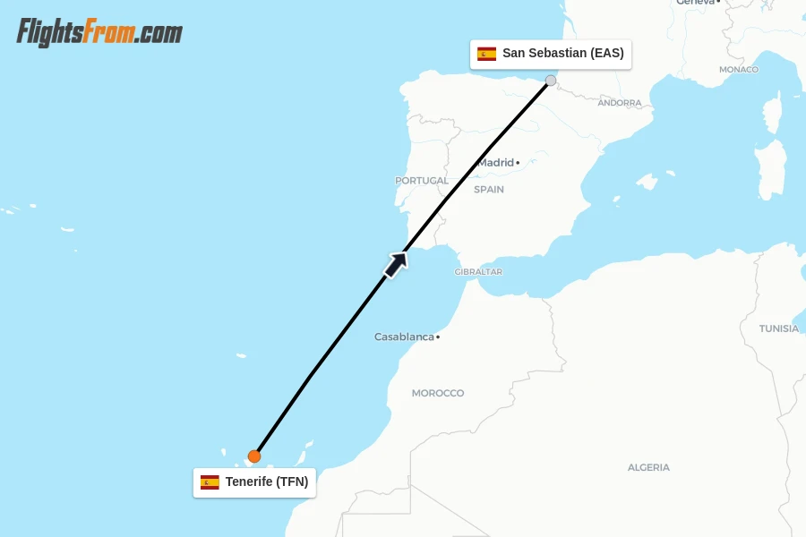 Flights from Tenerife to San Sebastian route map