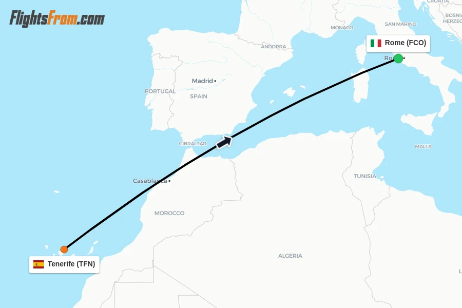 Flights from Tenerife to Rome route map