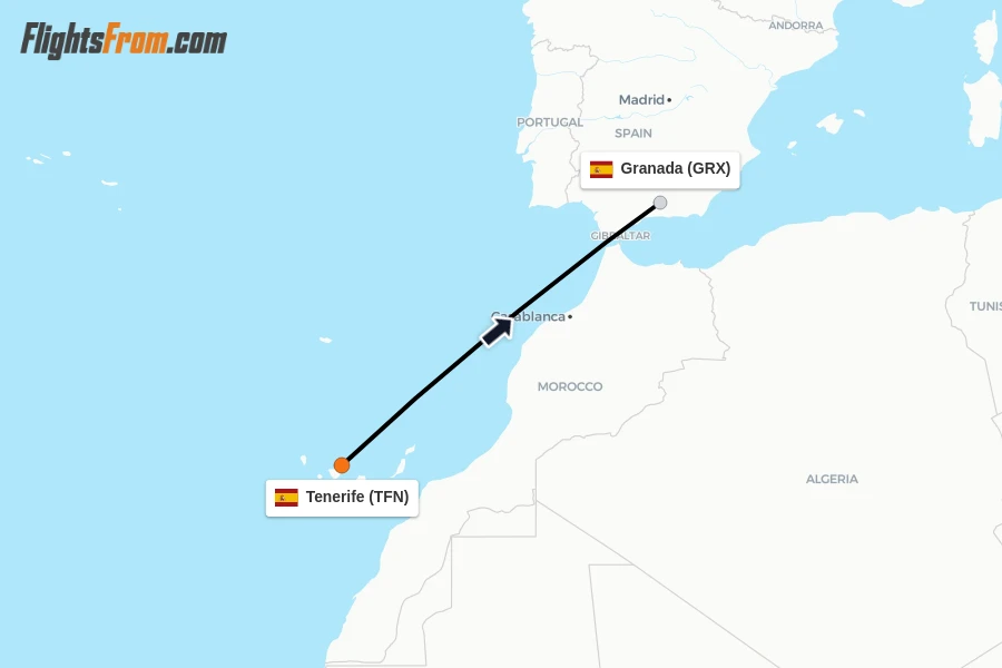Flights from Tenerife to Granada route map