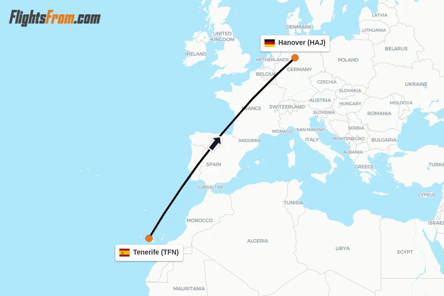 Flights from Tenerife to Hanover route map