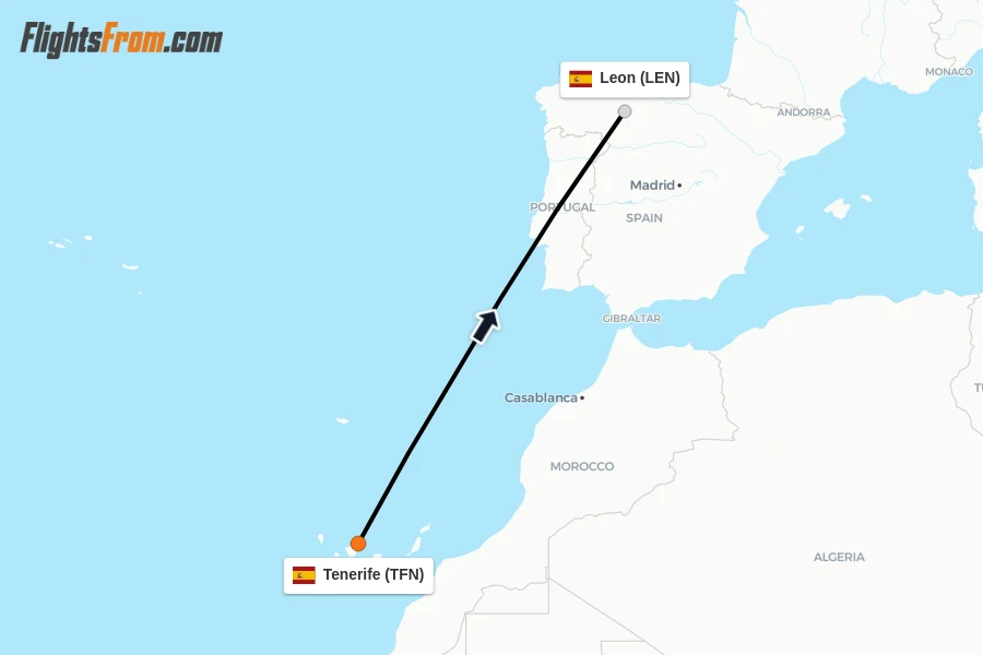 Flights from Tenerife to Leon route map