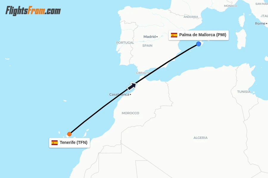 Flights from Tenerife to Palma de Mallorca route map