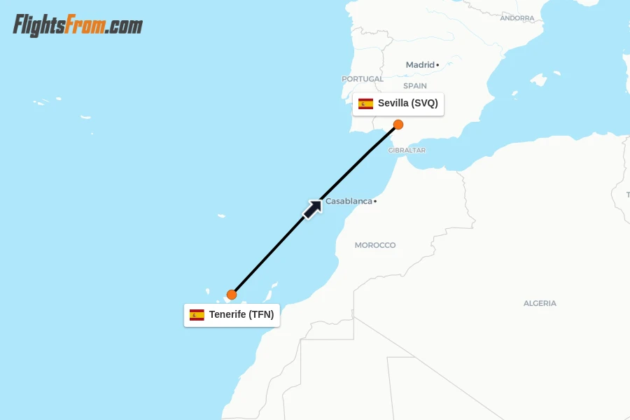 Flights from Tenerife to Sevilla route map