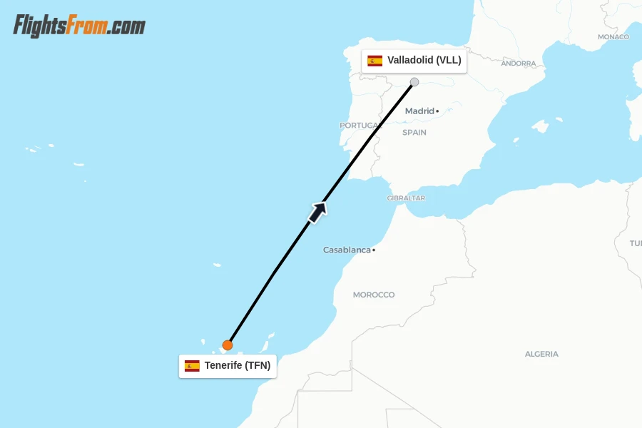 Flights from Tenerife to Valladolid route map