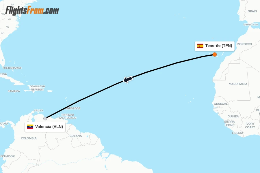 Flights from Tenerife to Valencia route map