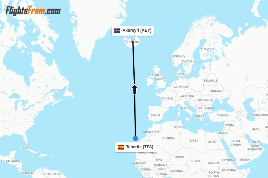 Flights from Tenerife to Akureyri route map
