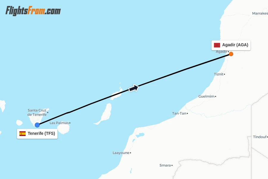 Flights from Tenerife to Agadir route map