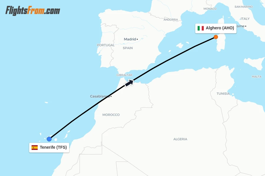 Flights from Tenerife to Alghero route map