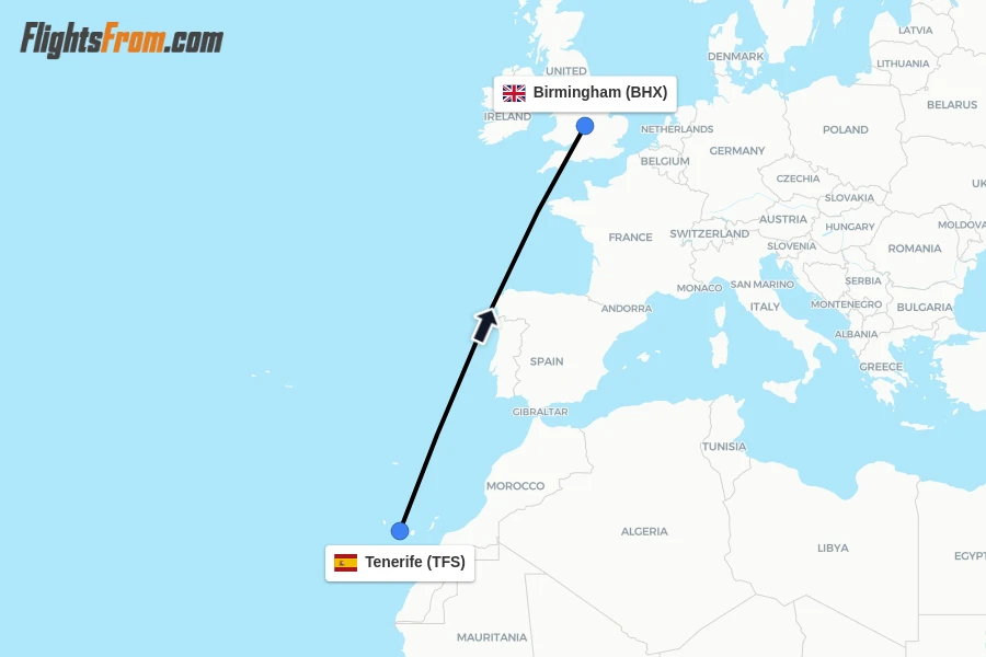 Flights from Tenerife to Birmingham route map