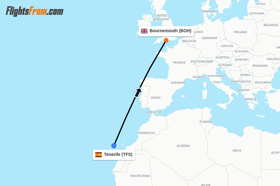 Flights from Tenerife to Bournemouth route map
