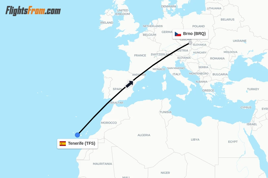 Flights from Tenerife to Brno route map