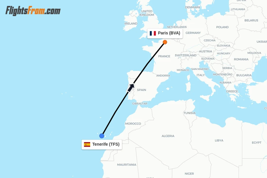 Flights from Tenerife to Paris route map