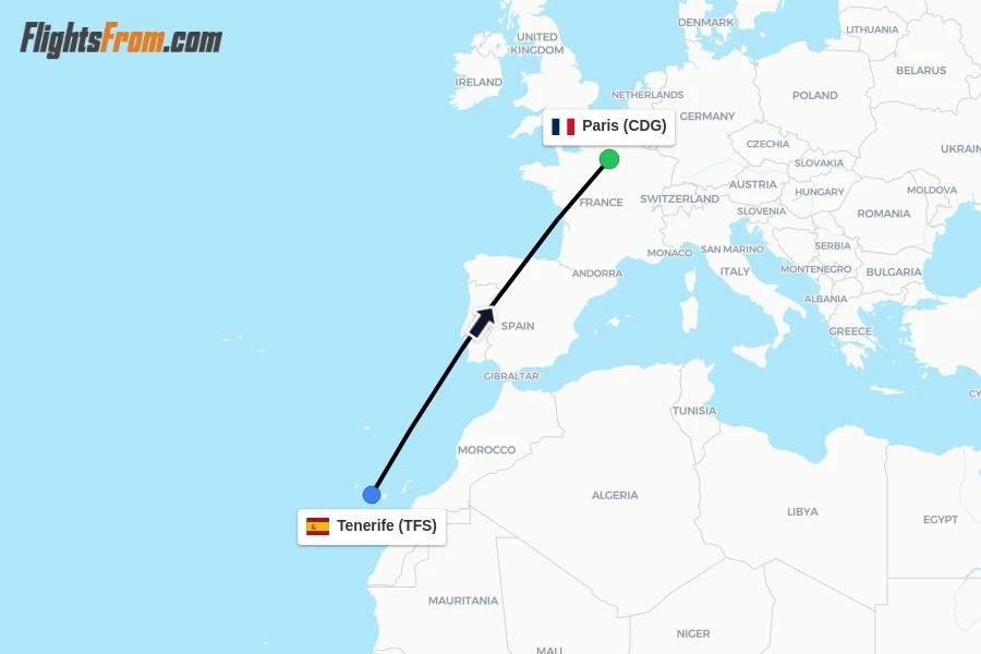 Flights from Tenerife to Paris route map